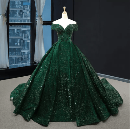 Off Shoulder Sequin Beaded Ball Evening Gown - Mura Boutique