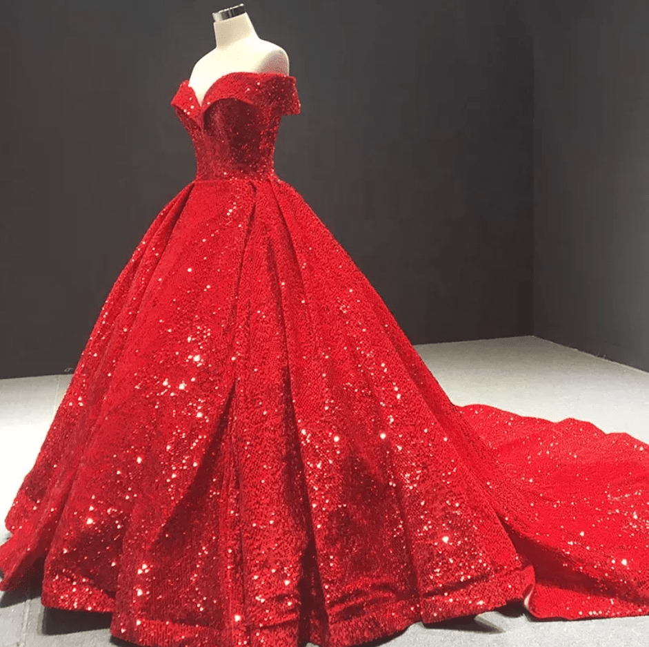 Off Shoulder Sequin Beaded Ball Evening Gown - Mura Boutique