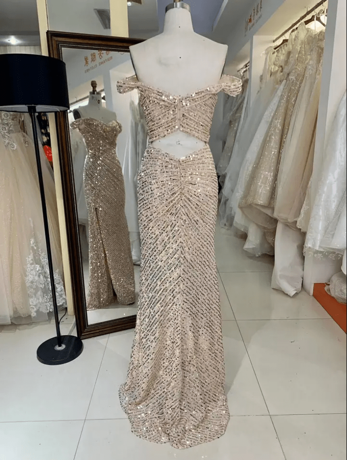 Off Shoulder Sequin Slit Back and Front Evening Gown - Mura Boutique