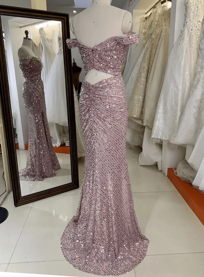 Off Shoulder Sequin Slit Back and Front Evening Gown - Mura Boutique