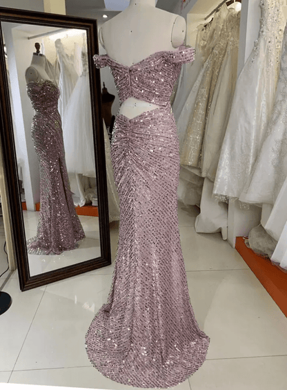 Off Shoulder Sequin Slit Back and Front Evening Gown - Mura Boutique