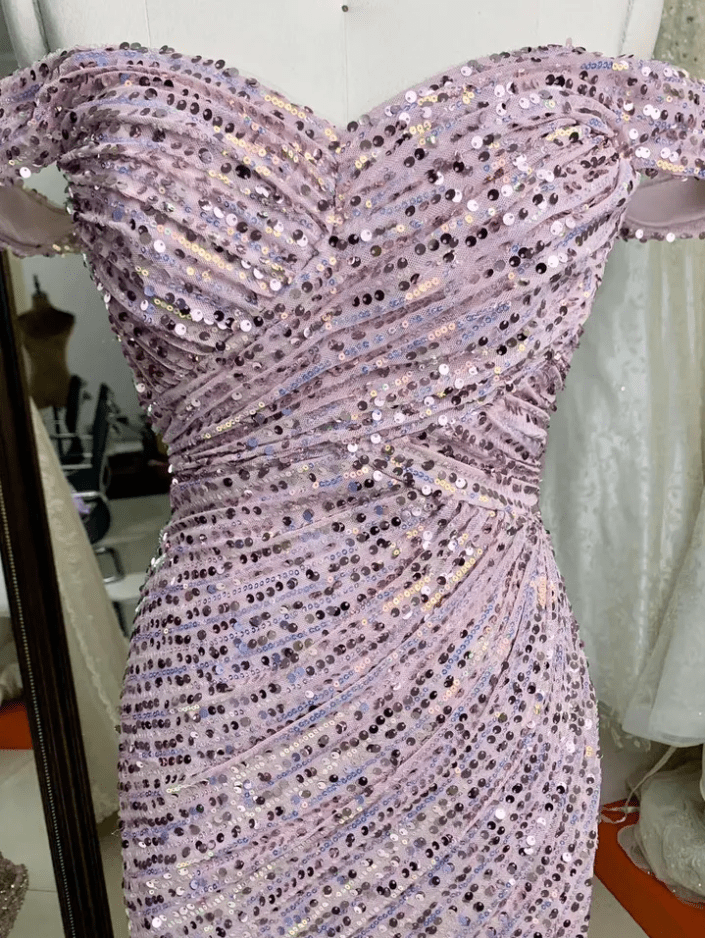 Off Shoulder Sequin Slit Back and Front Evening Gown - Mura Boutique
