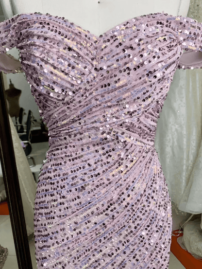 Off Shoulder Sequin Slit Back and Front Evening Gown - Mura Boutique