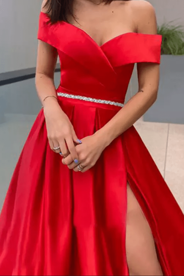 Off Shoulder Slit Evening Gown - Mura Boutique