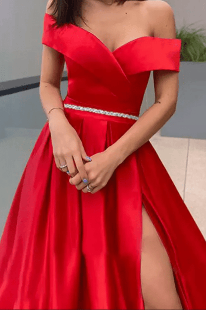 Off Shoulder Slit Evening Gown - Mura Boutique