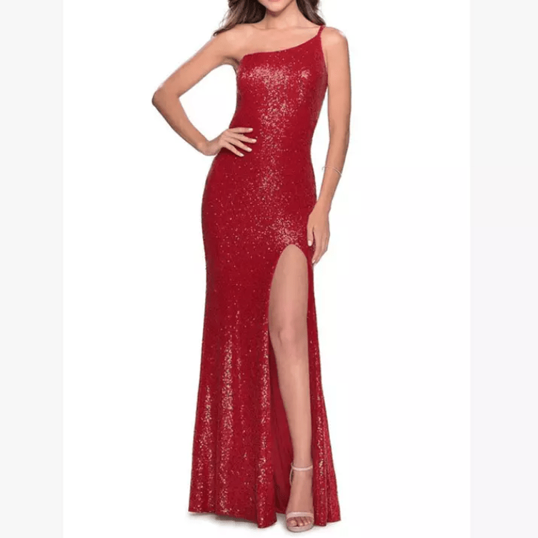 One Shoulder Bodycon Sequin Slit Evening Gown - Mura Boutique