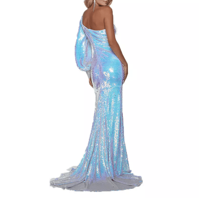 One Shoulder Long Sleeve Sequin Slit Evening Gown - Mura Boutique