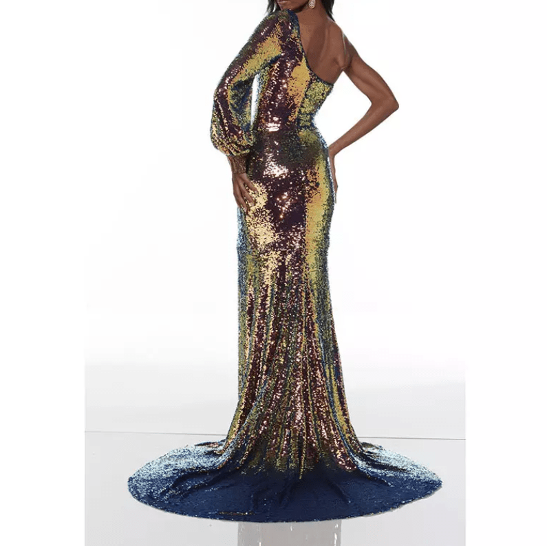 One Shoulder Long Sleeve Sequin Slit Evening Gown - Mura Boutique