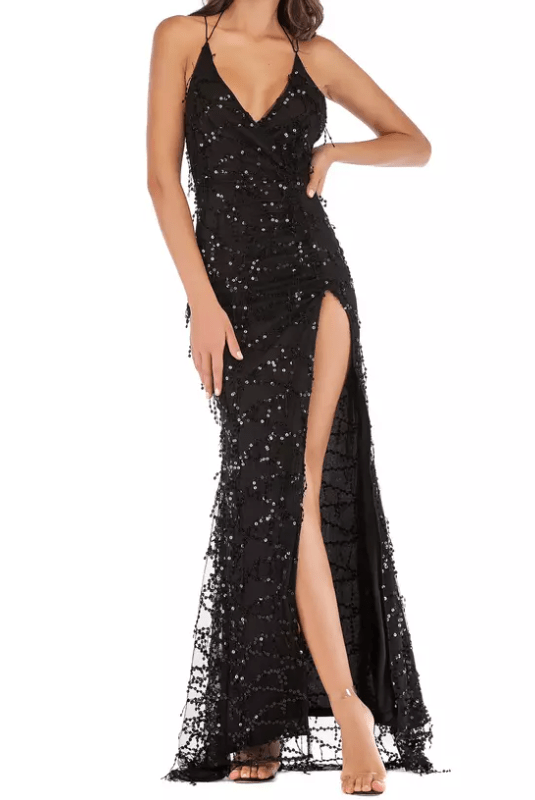 Plunging Neckline Sequin Layer Evening Gown - Mura Boutique