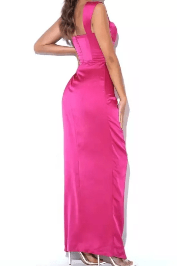Queen Anne Neckline Satin Ruched Evening Gown - Mura Boutique