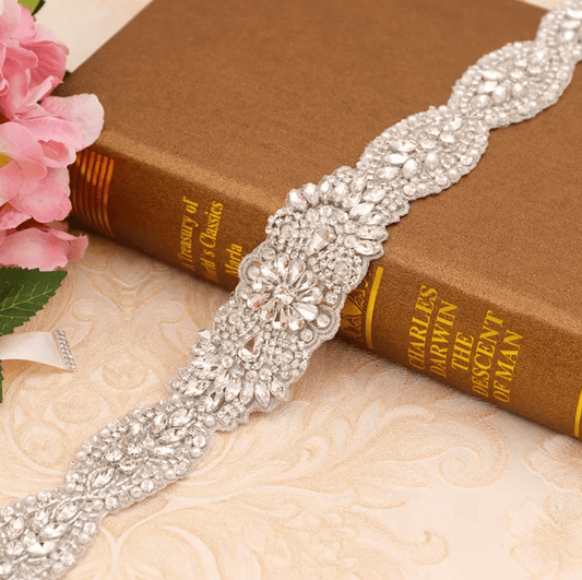 Rhinestone Appliques Floral Design Bridal Belt - Mura Boutique