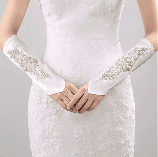 Satin Lace Embroidered Wedding Gloves - Mura Boutique
