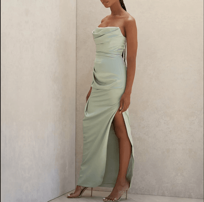 Satin Straight Across Split Evening Gown - Mura Boutique