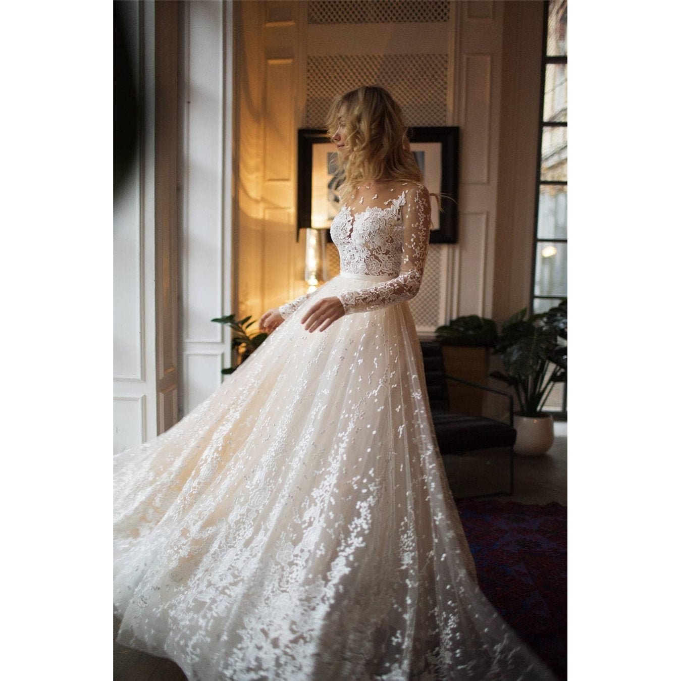 Scoop Scatted Lace Long Sleeve Wedding Dress - Mura Boutique