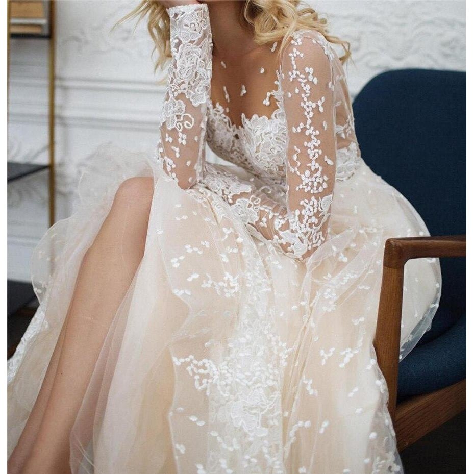Scoop Scatted Lace Long Sleeve Wedding Dress - Mura Boutique
