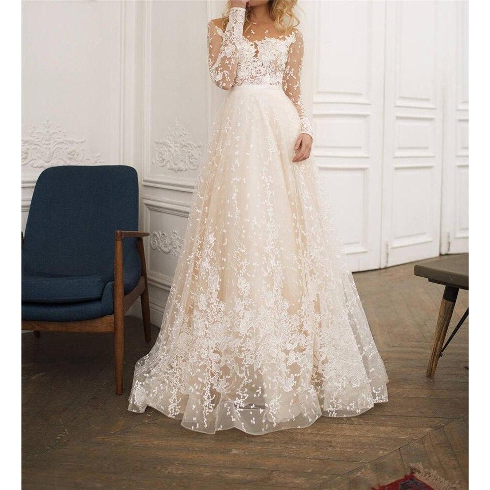 Scoop Scatted Lace Long Sleeve Wedding Dress - Mura Boutique
