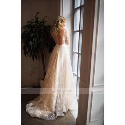Scoop Scatted Lace Long Sleeve Wedding Dress - Mura Boutique
