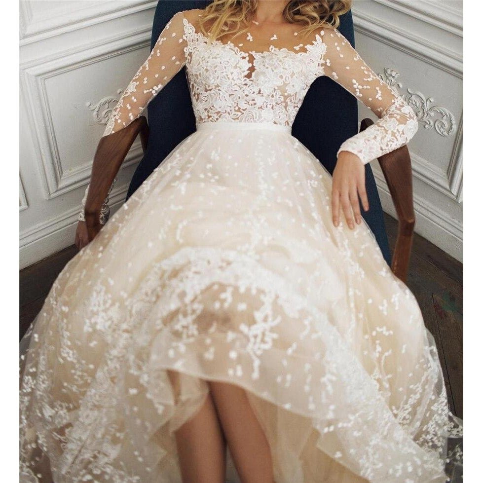 Scoop Scatted Lace Long Sleeve Wedding Dress - Mura Boutique