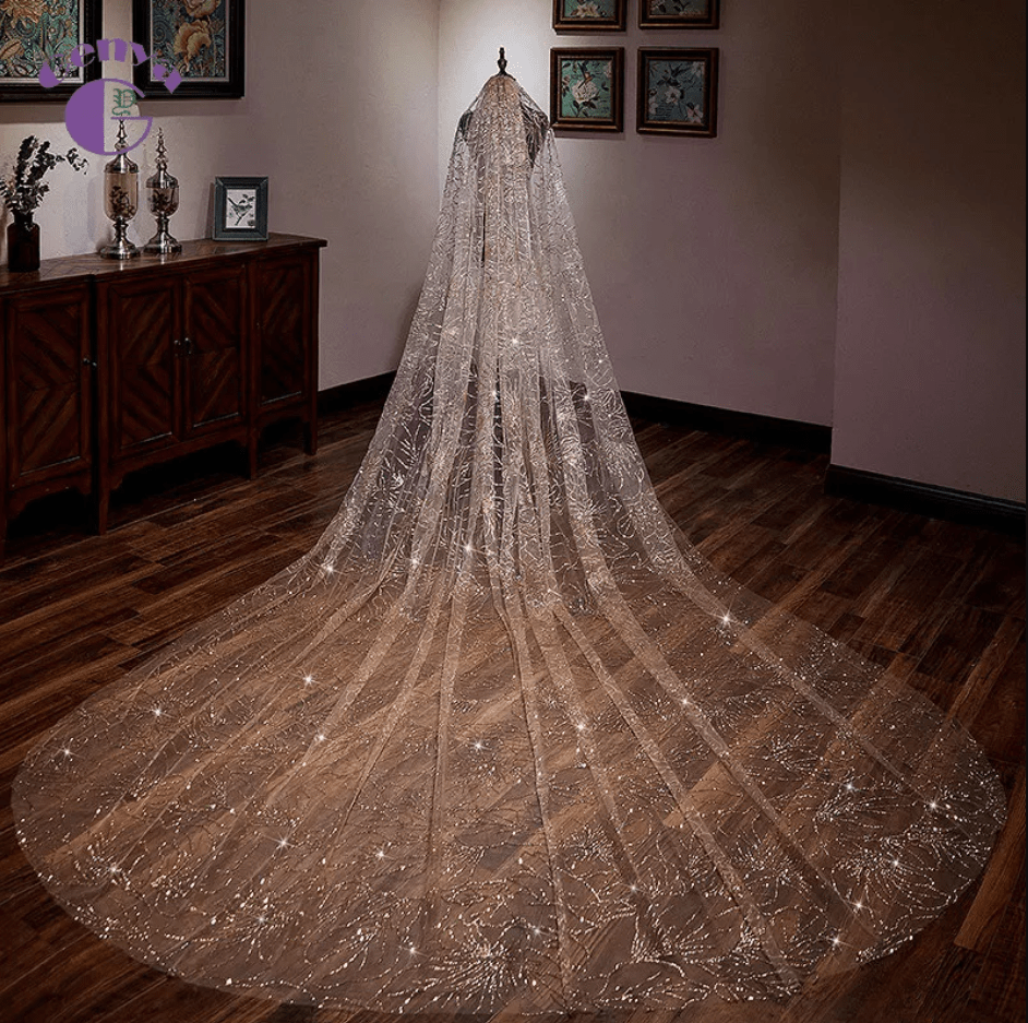 Sequined Mesh Long Bridal Veil - Mura Boutique