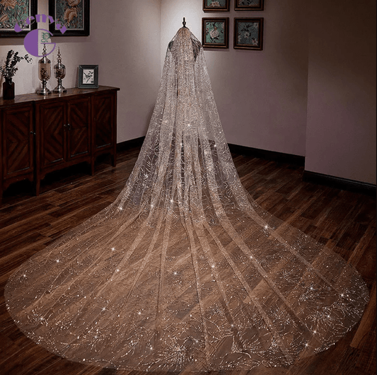 Sequined Mesh Long Bridal Veil - Mura Boutique