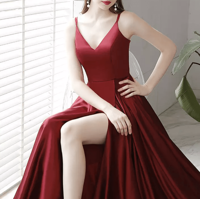 Silk V - Neck Slit Long Tail Evening Gown - Mura Boutique