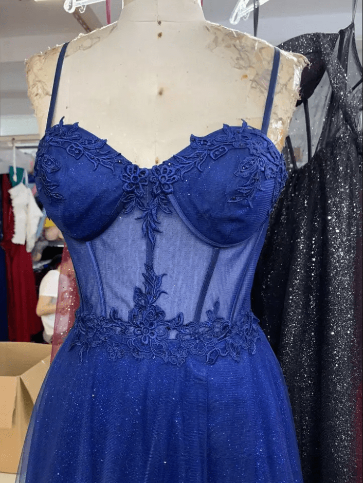 Spaghetti Strap Corset Glitter Tulle Evening Gown - Mura Boutique
