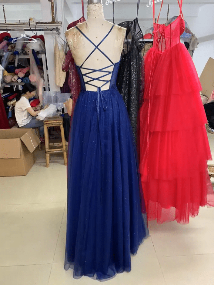 Spaghetti Strap Corset Glitter Tulle Evening Gown - Mura Boutique