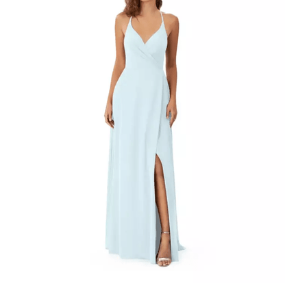 Spaghetti Strap Simple Half Slit Evening Gown - Mura Boutique