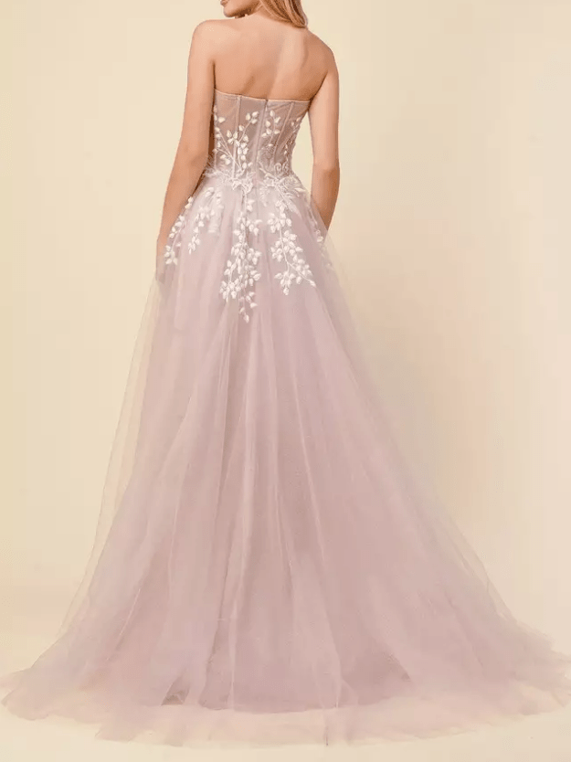 Sweetheart Mesh Leaf Detail Slit Evening Gown - Mura Boutique