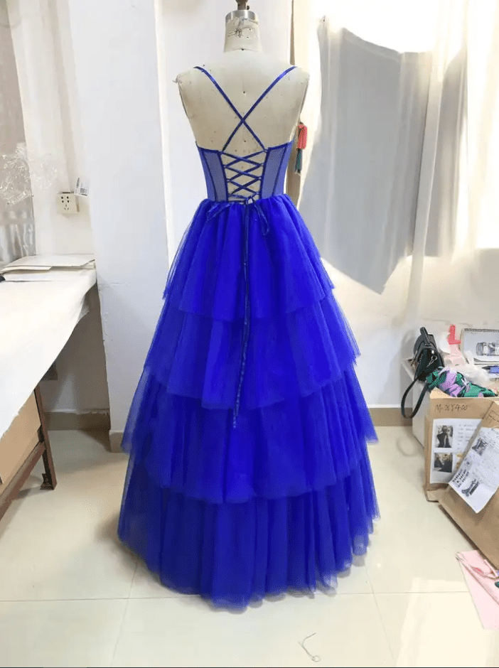 Sweetheart Spaghetti Strap Ruffle Layer Corset Evening Gown - Mura Boutique