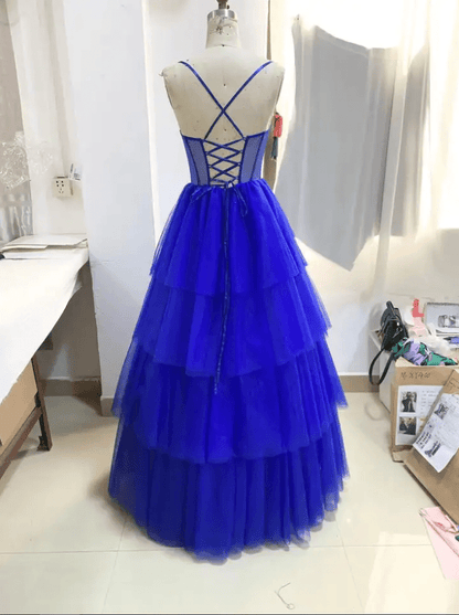 Sweetheart Spaghetti Strap Ruffle Layer Corset Evening Gown - Mura Boutique