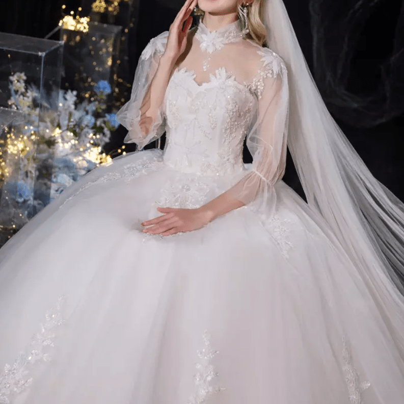 Three - Fourths Bell Sleeve Mesh Lace Embroidered Wedding Dress - Mura Boutique