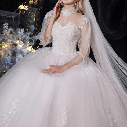 Three - Fourths Bell Sleeve Mesh Lace Embroidered Wedding Dress - Mura Boutique