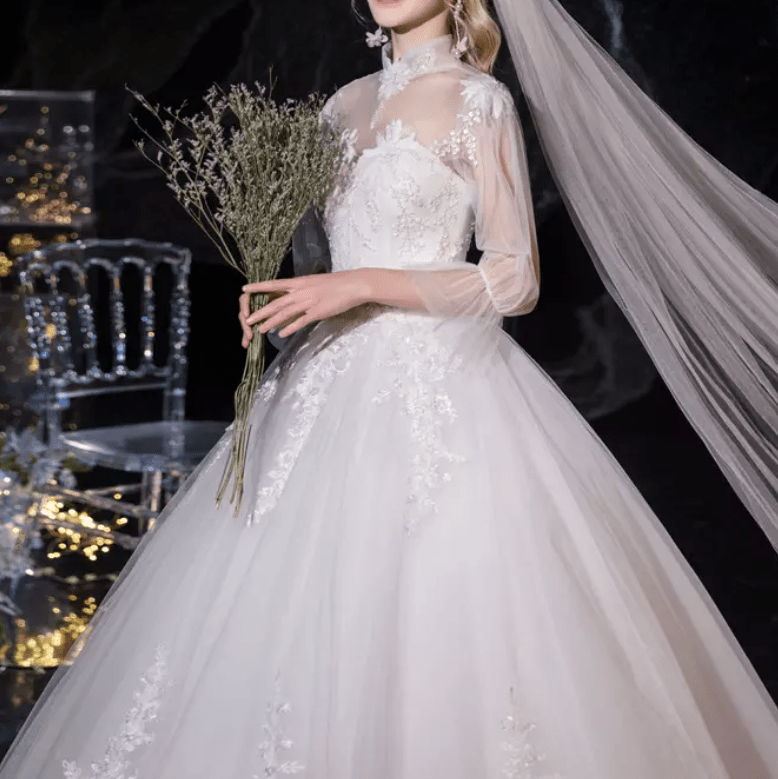 Three - Fourths Bell Sleeve Mesh Lace Embroidered Wedding Dress - Mura Boutique