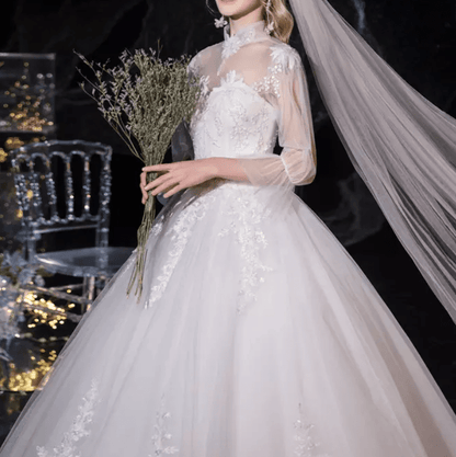 Three - Fourths Bell Sleeve Mesh Lace Embroidered Wedding Dress - Mura Boutique