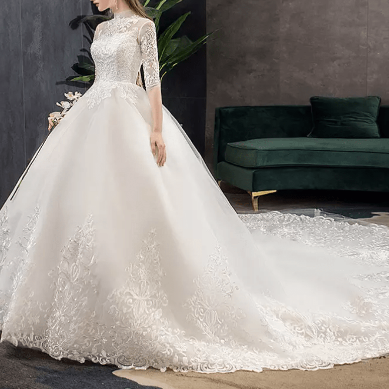Three - Fourths Sleeve High Neck Sheer Lace Cathedral Train Wedding Dress - Mura Boutique