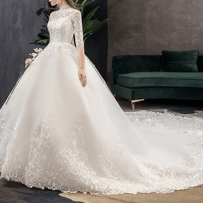 Three - Fourths Sleeve High Neck Sheer Lace Cathedral Train Wedding Dress - Mura Boutique