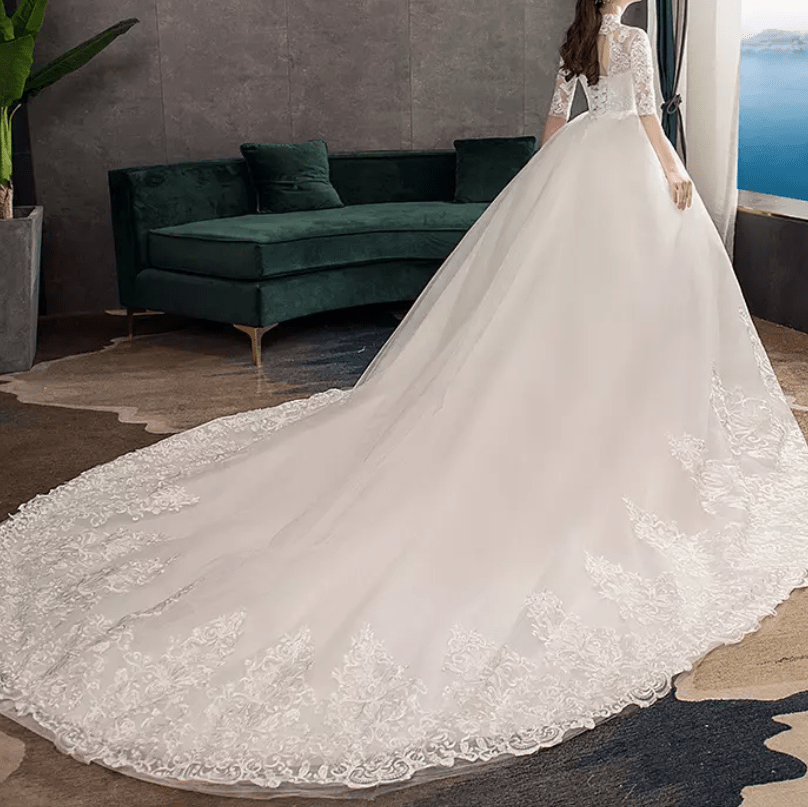 Three - Fourths Sleeve High Neck Sheer Lace Cathedral Train Wedding Dress - Mura Boutique