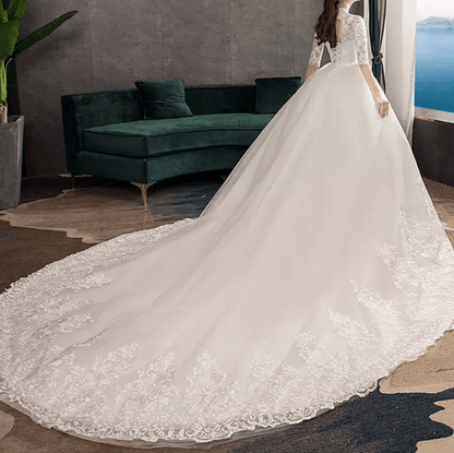 Three - Fourths Sleeve High Neck Sheer Lace Cathedral Train Wedding Dress - Mura Boutique