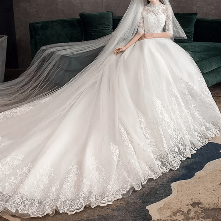 Three - Fourths Sleeve High Neck Sheer Lace Cathedral Train Wedding Dress - Mura Boutique