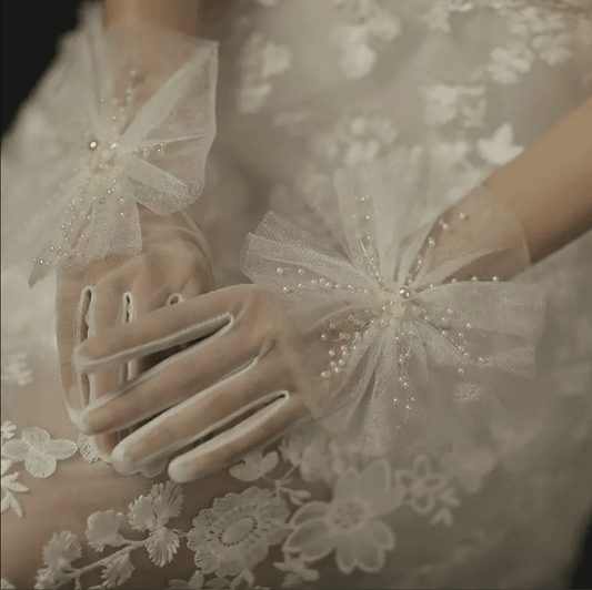 Translucent Mesh Faux Pearl Decor Wedding Gloves - Mura Boutique