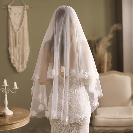 Two - Layer Floral Appliques Bridal Veil - Mura Boutique